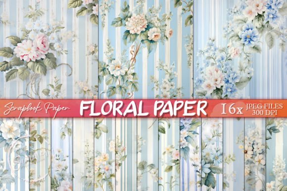 Download Light Blue and White Floral Stripe Paper - Light blue Collection